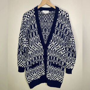 Vintage Outlander Navy Blue White Knit Wool Blend Cardigan Sweater Size Large